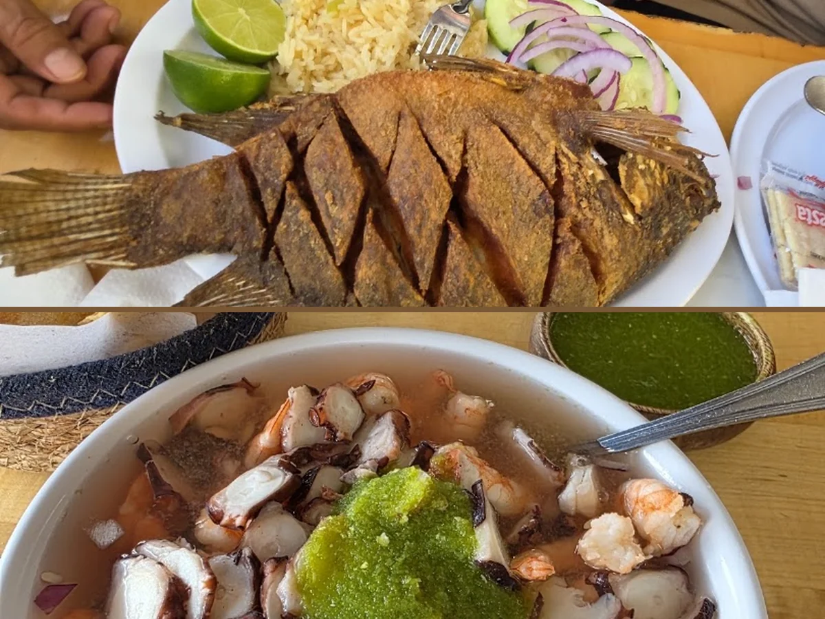 Colorful seafood meal with salsa and lime.