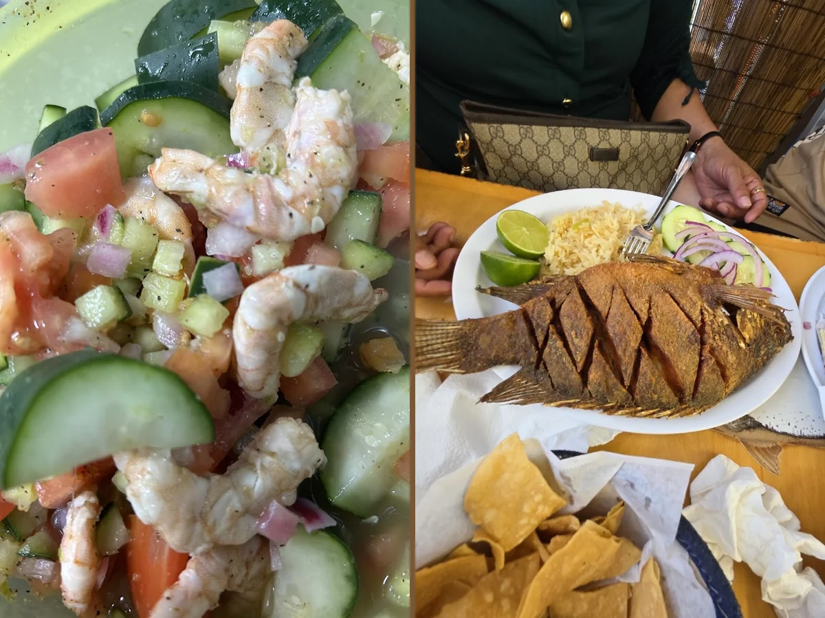 Mexican seafood plates with bright garnishes.