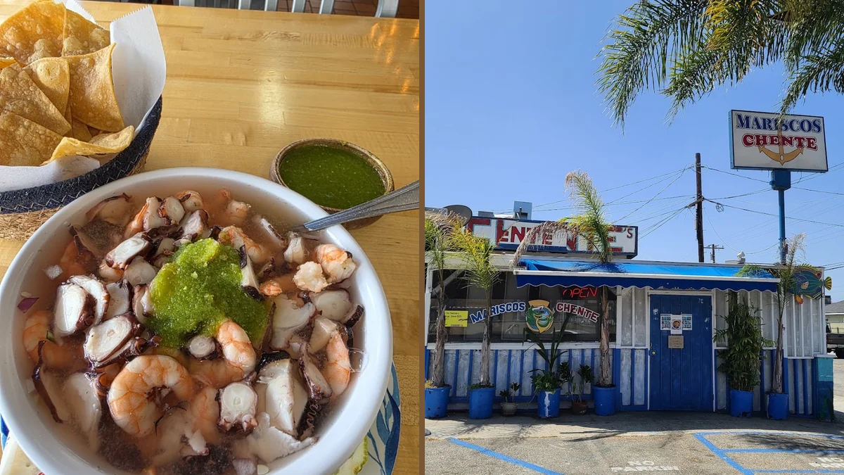 Seafood dishes on a casual restaurant table.